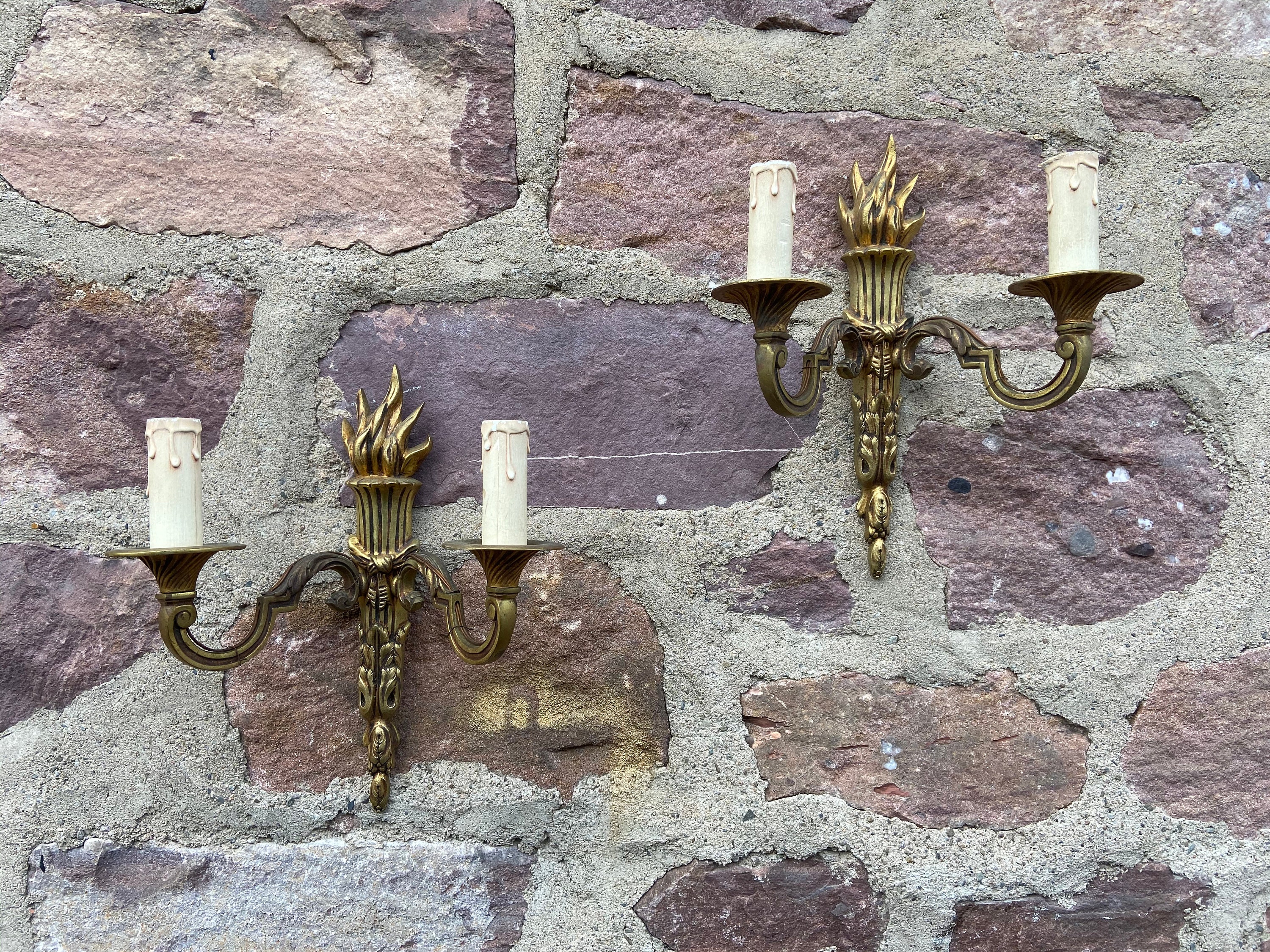 Paire Appliques Bronze Doré 1950 Empire French Sconces