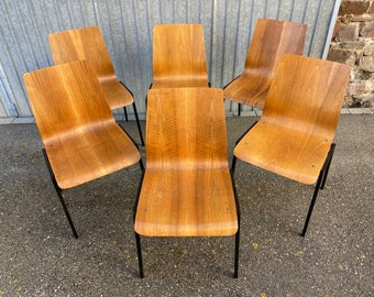 suite de 6 chaises Design Drabert Germany 1970 Vintage scandinave thermoformées noyer et métal style Chaise papyrus de Pierre Guariche