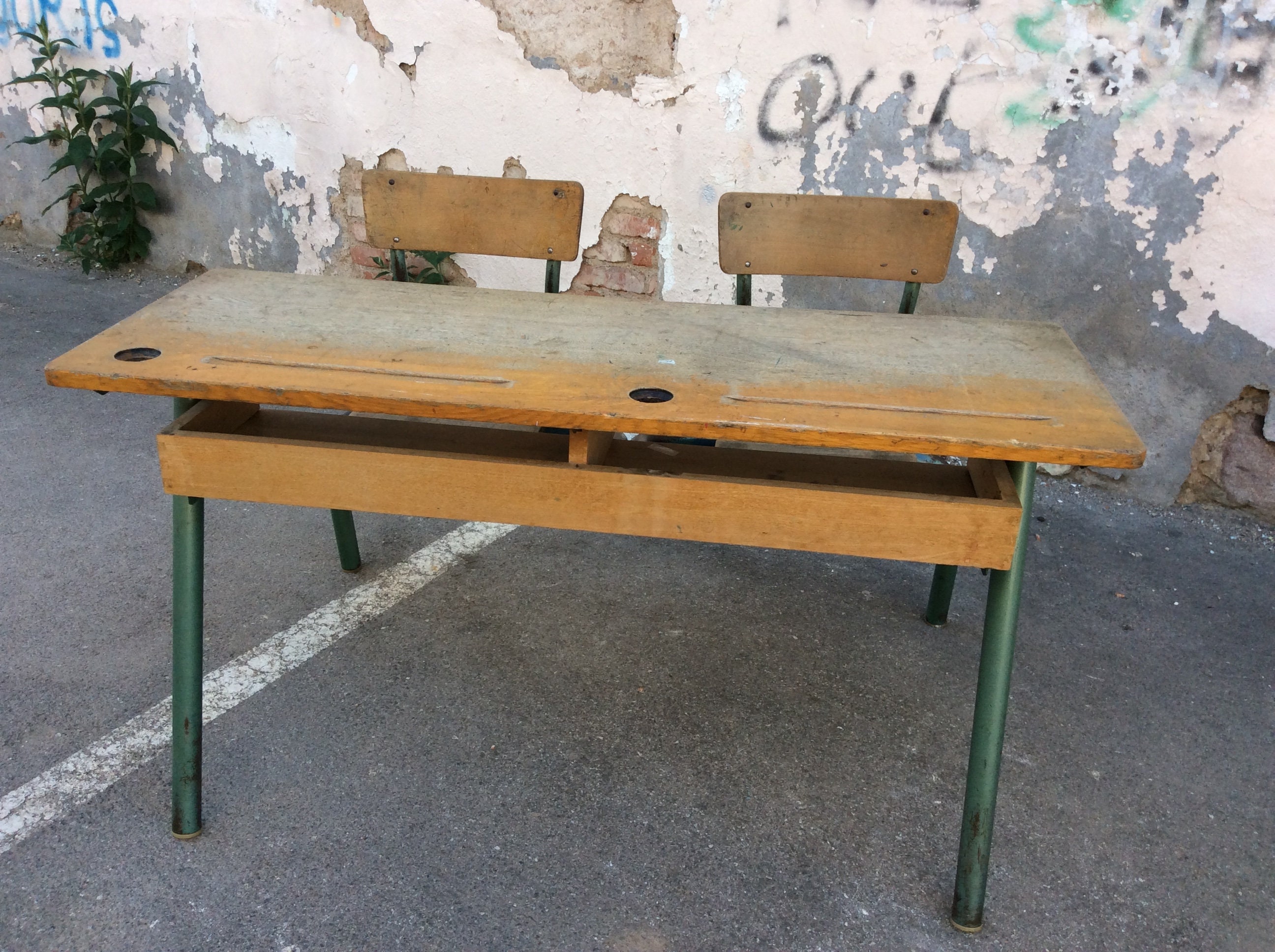 Pupitre Mid-Century Bureau d'écolier Banc Vintage Industrial Style School Desk French