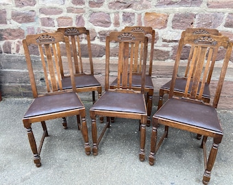 6 Chaises vintage Art deco 1940s chêne et cuir French chairs