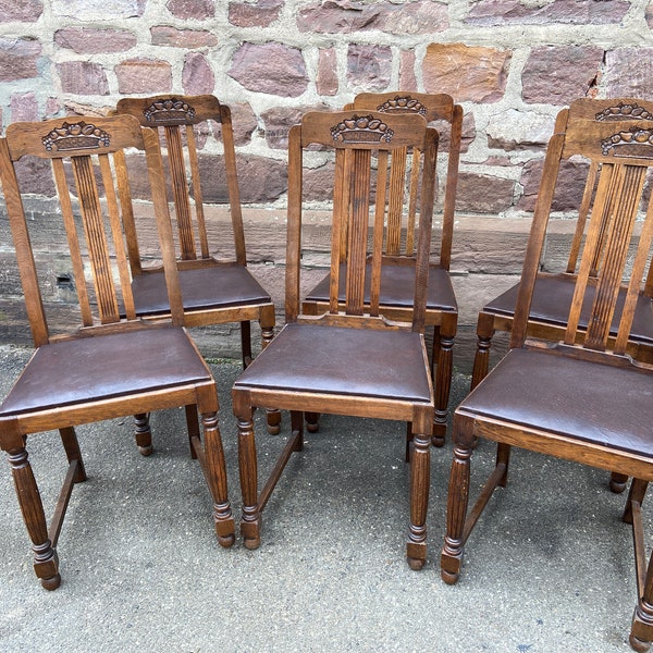 6 Chaises vintage Art deco 1940s chêne et cuir French chairs