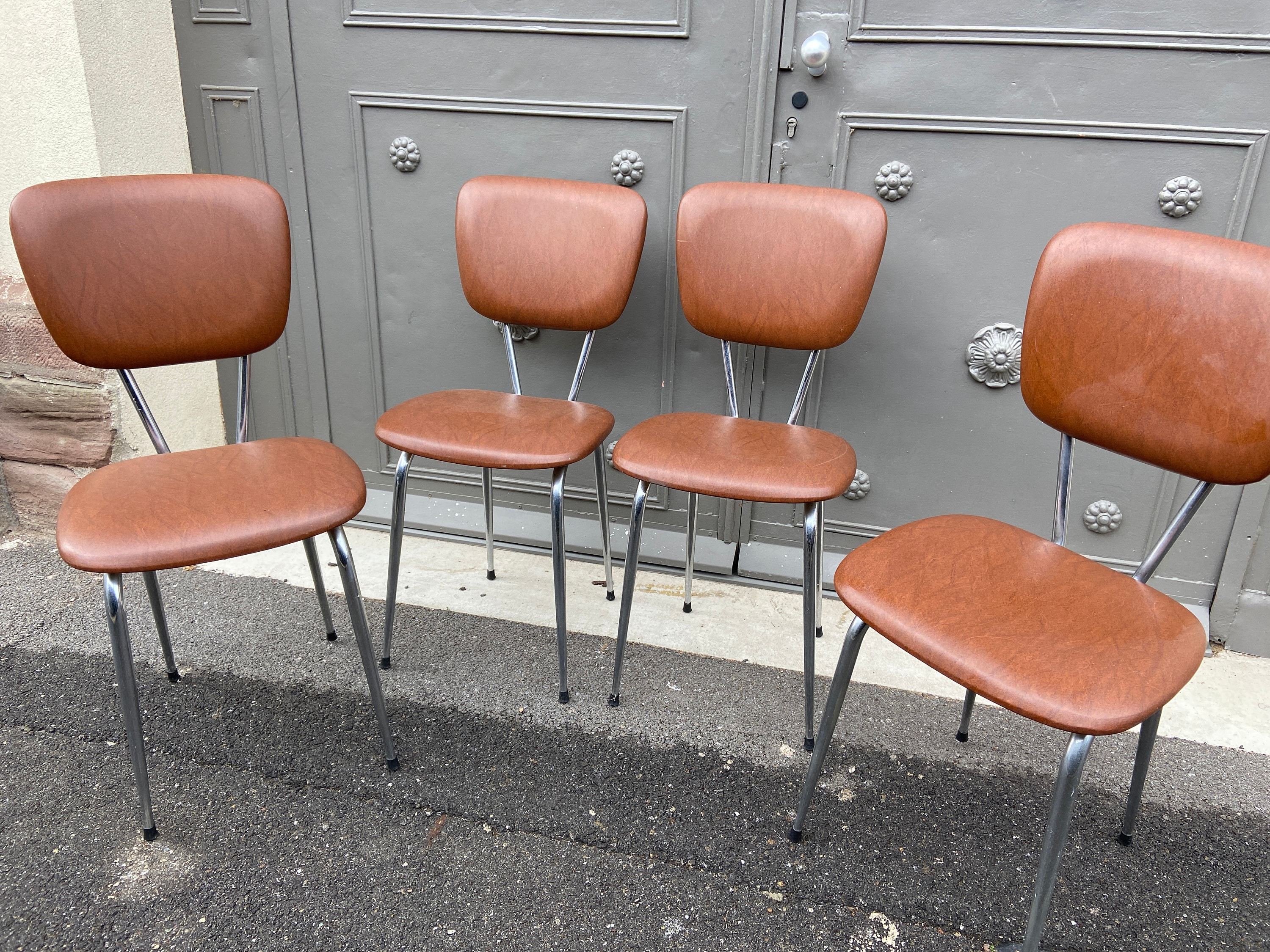 4 Chaises Vintage Mid-Century Scandinave Simili 1960 French Chairs Skaï & Métal