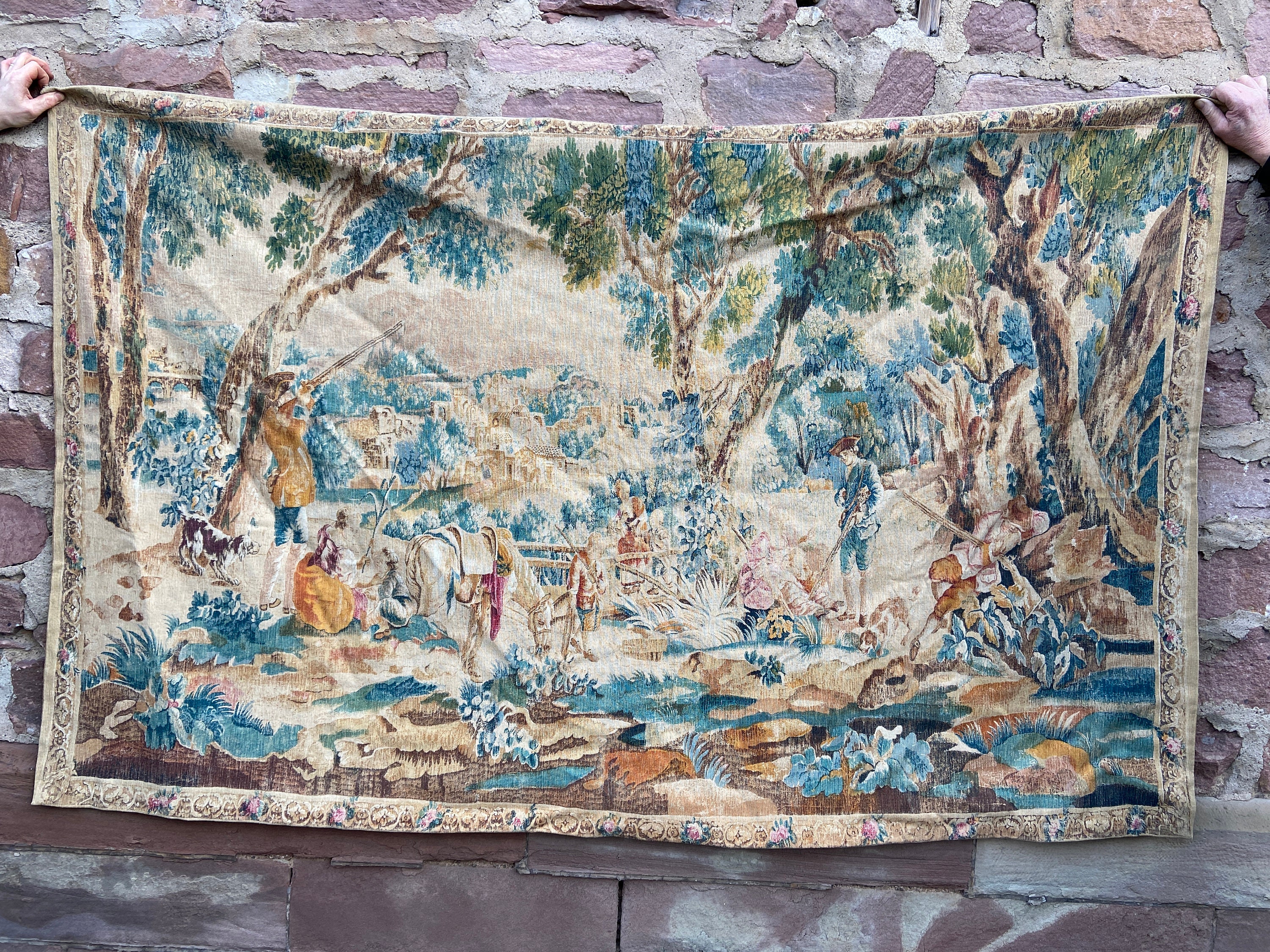 Tapisserie Tenture Murale Gobelin French Aubusson 1950 La Halte Des Chasseurs Atelier de Rambouillet
