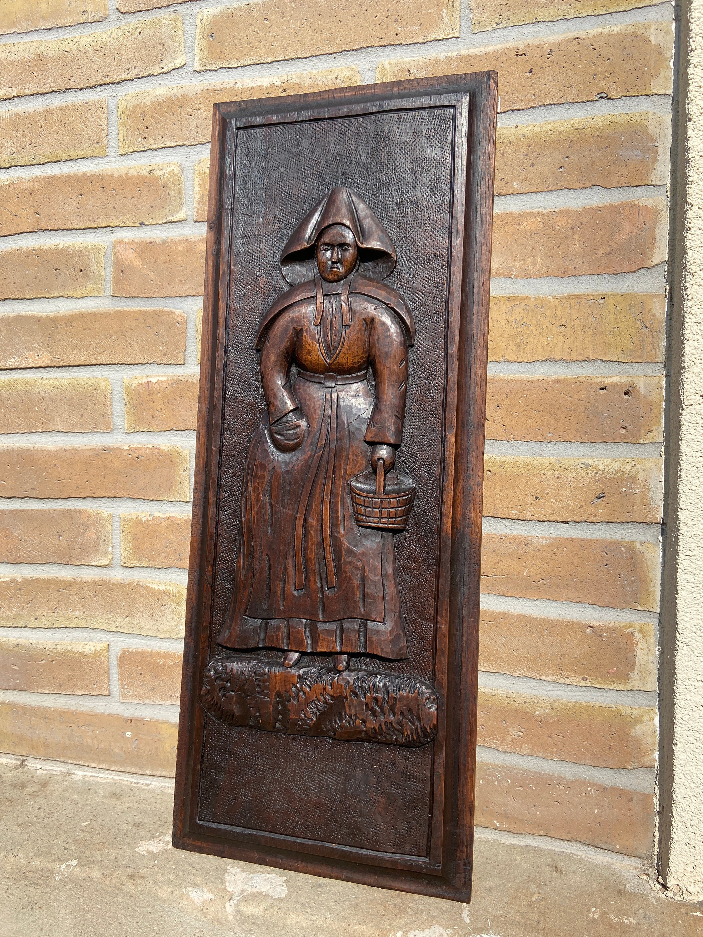 Decorative Antique 1900S Ornate French Country Wall Panel Carved Wooden Board Breton Brittany