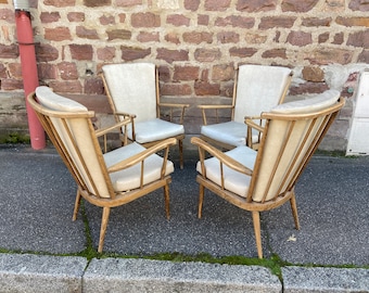 4 fauteuils Baumann Éventail simili cuir vintage 1960s French midcentury bentwood armchairs chairs bohème