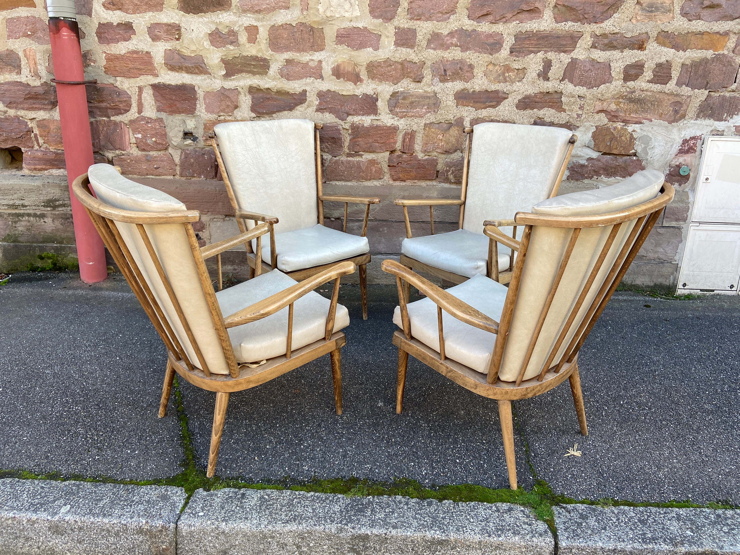 4 Fauteuils Baumann Éventail Simili Cuir Vintage 1960S French Midcentury Bentwood Armchairs Chairs B