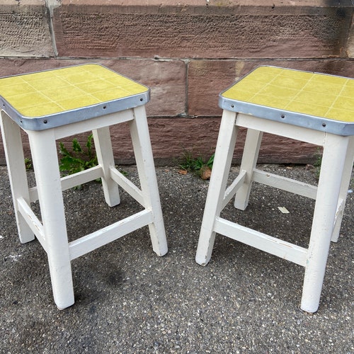 Pair of shops stools rustic vintage wood 1950 French hocker stool Pair farmer