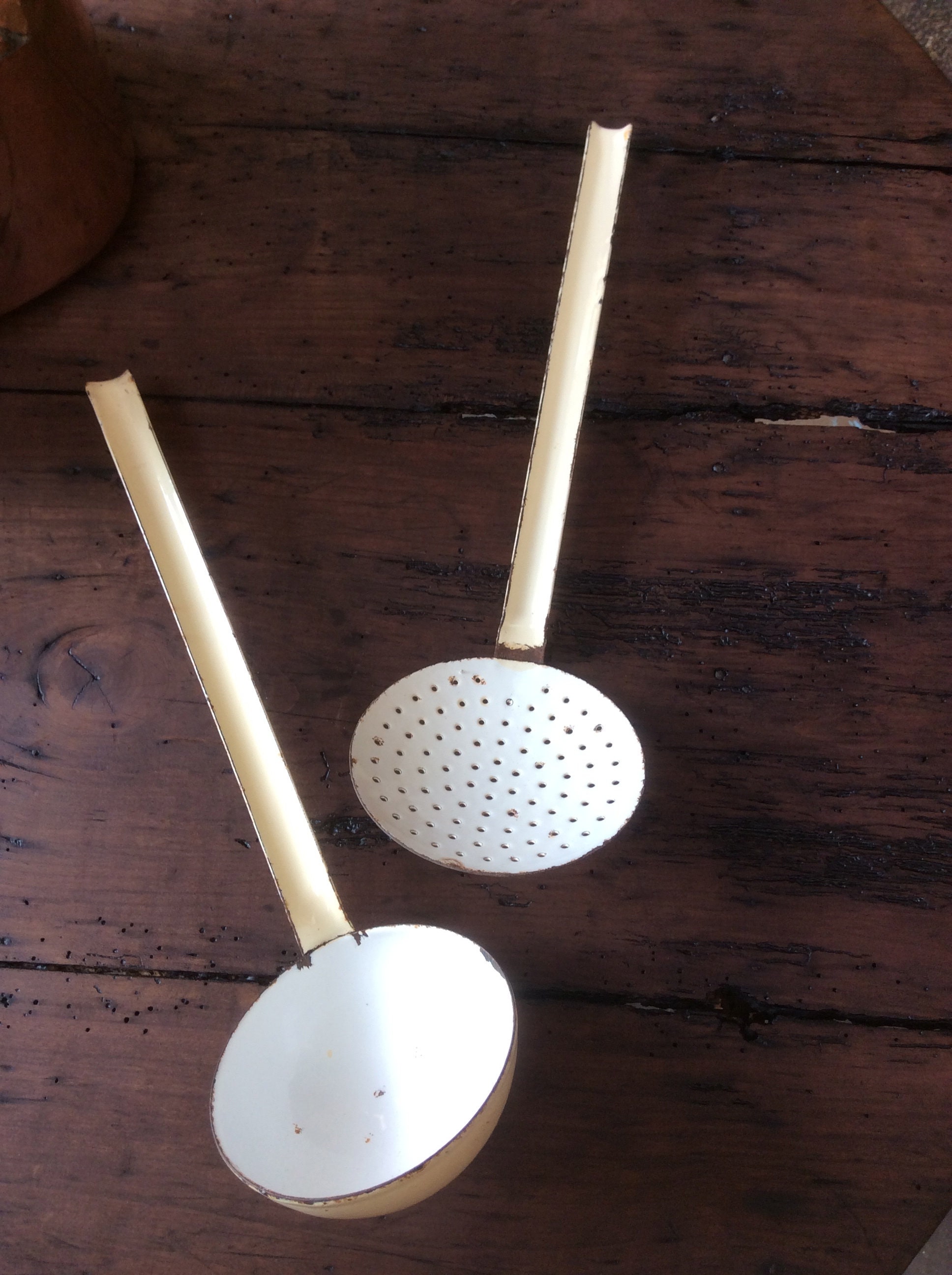 Ancien Écumoire et Louche en Tôle Émaillée Vintage French Enamelware