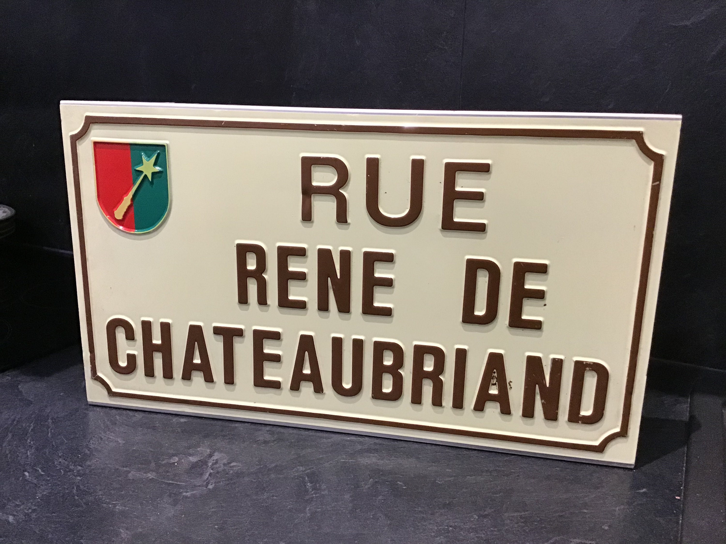 French Metal Street Sign Rue René de Chateaubriand Vintage 80S Enameled Plaque Rue Alsace Colmar