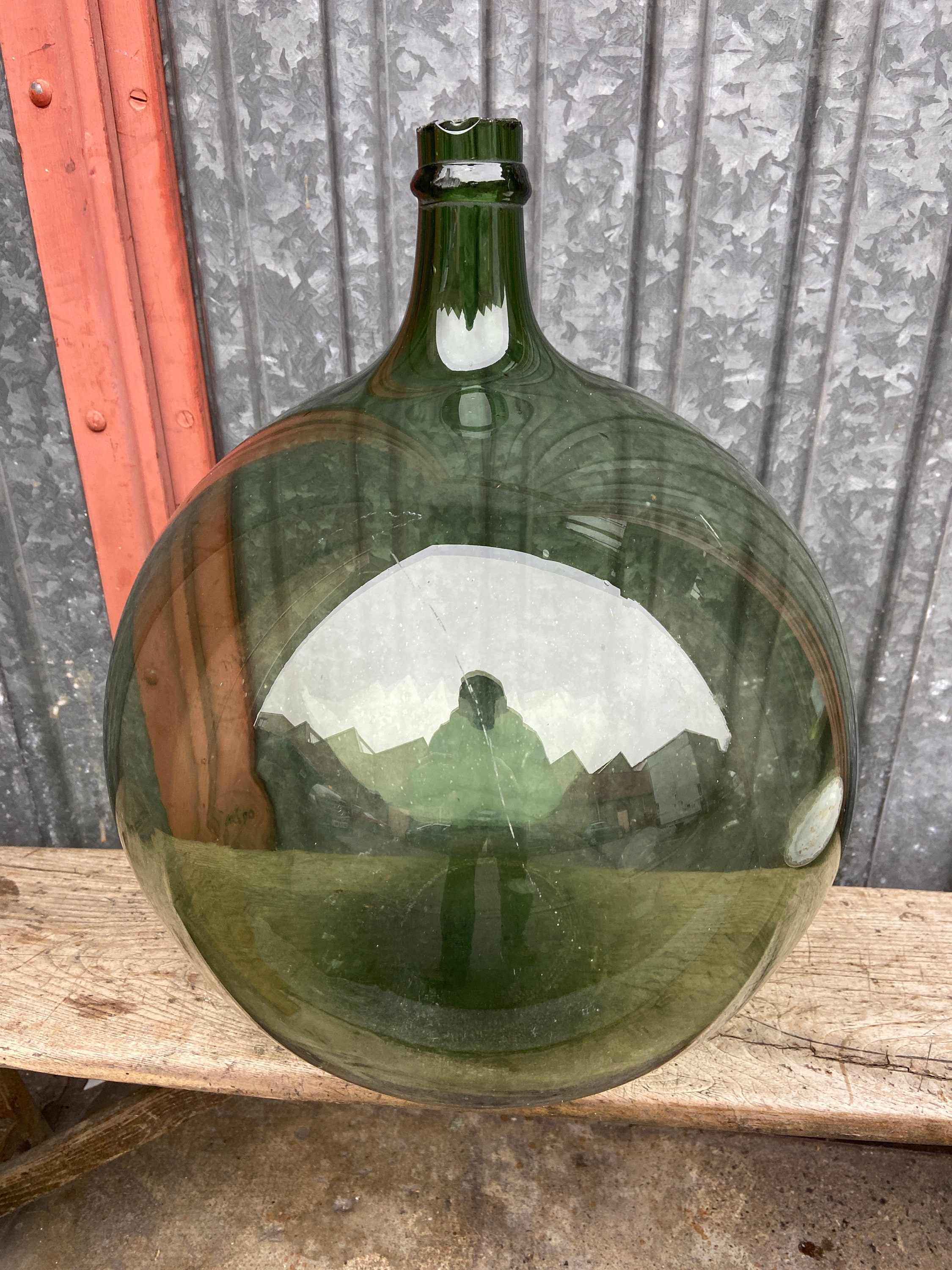 Ref 618 Unusual XXL Green Glass French Demijohn Bottle Carboy Lady