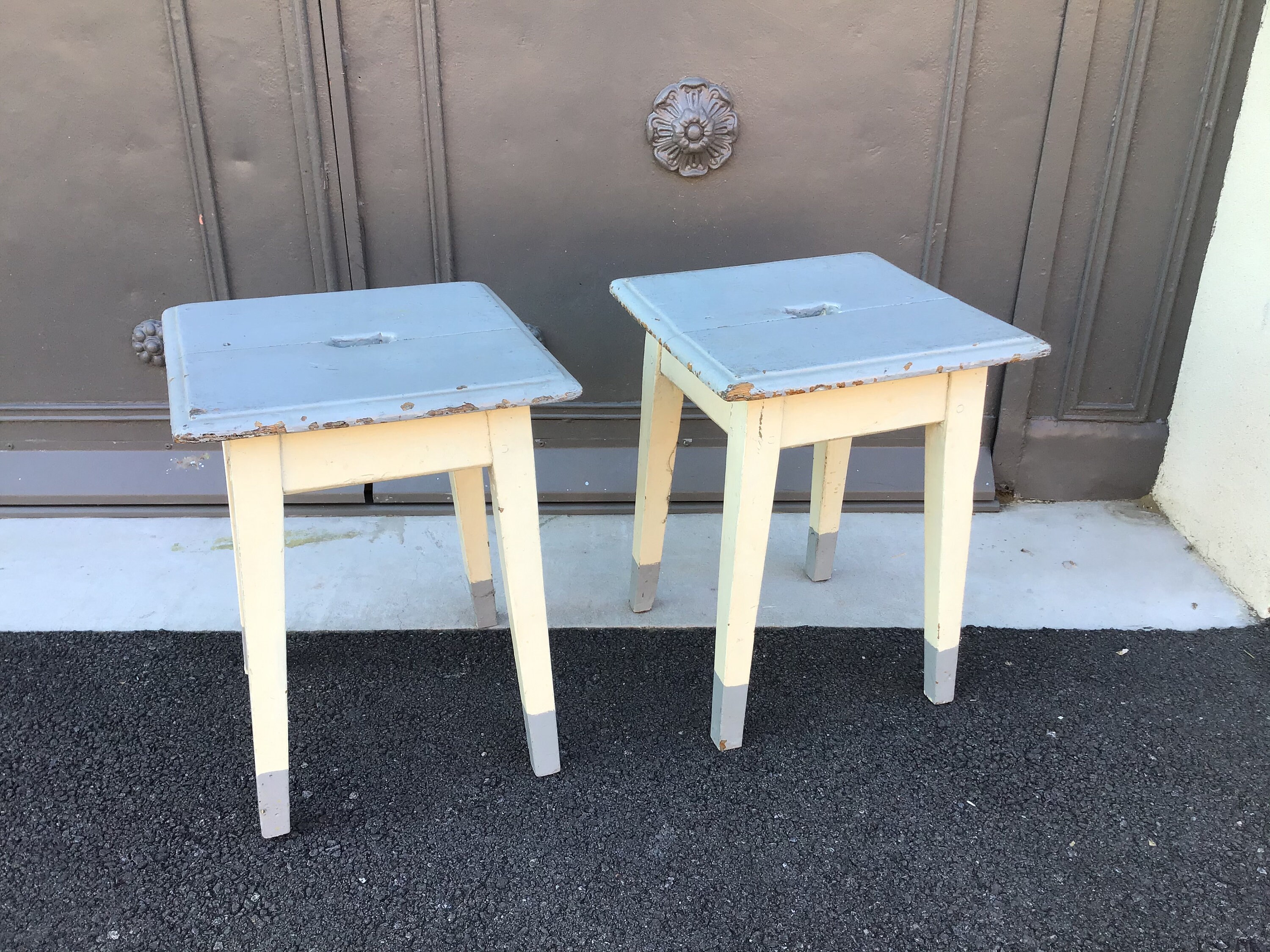 Paire de Tabourets Shabby Chic 1920 French Hocker Stool Pair