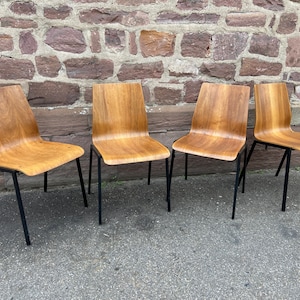 ref 258 set of 4 Design chairs Drabert Germany 1970 Vintage Scandinavian thermoformed walnut and metal style Papyrus chair by Pierre Guariche