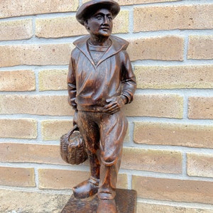 Large wooden statue peasant picker Alsace folk art grapes french vineyard