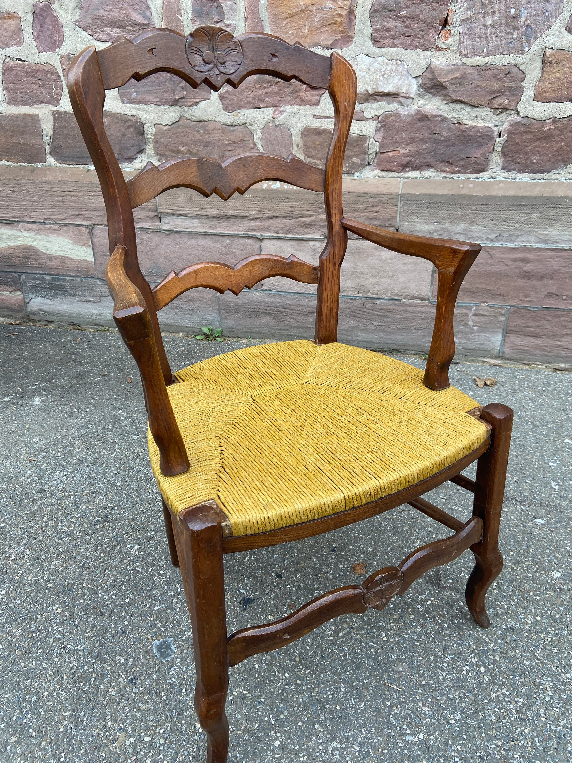 Fauteuil Paillé Rustique Style Louis Xv en Chêne French Provence Armchair 1940S