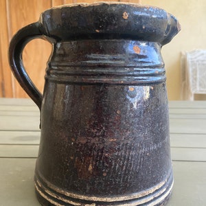 ref388 French Pottery black milk pitcher Alsace France 1870 Folk art pottery