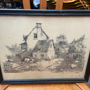 painting Drawing Pencil landscape framed BAUMANN 1901 Alsace French pastel farmhouse