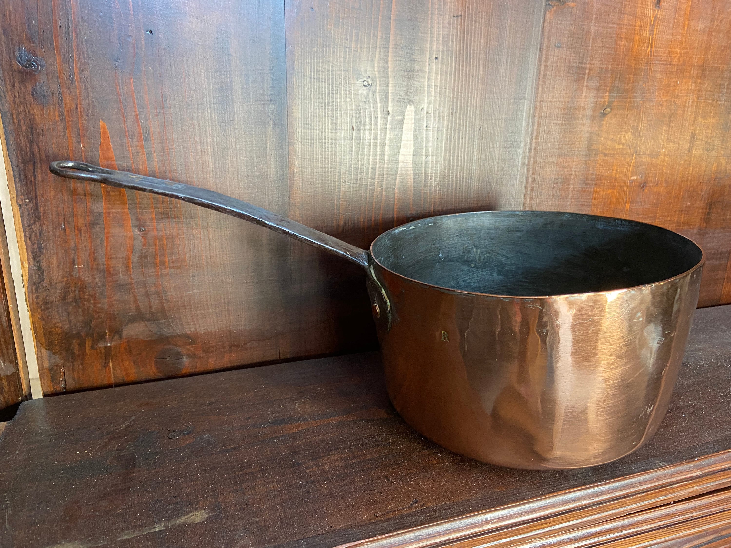Vintage Antique French Copper Hammered Casserole Pan Heavy Quality Copper, Castle 1850