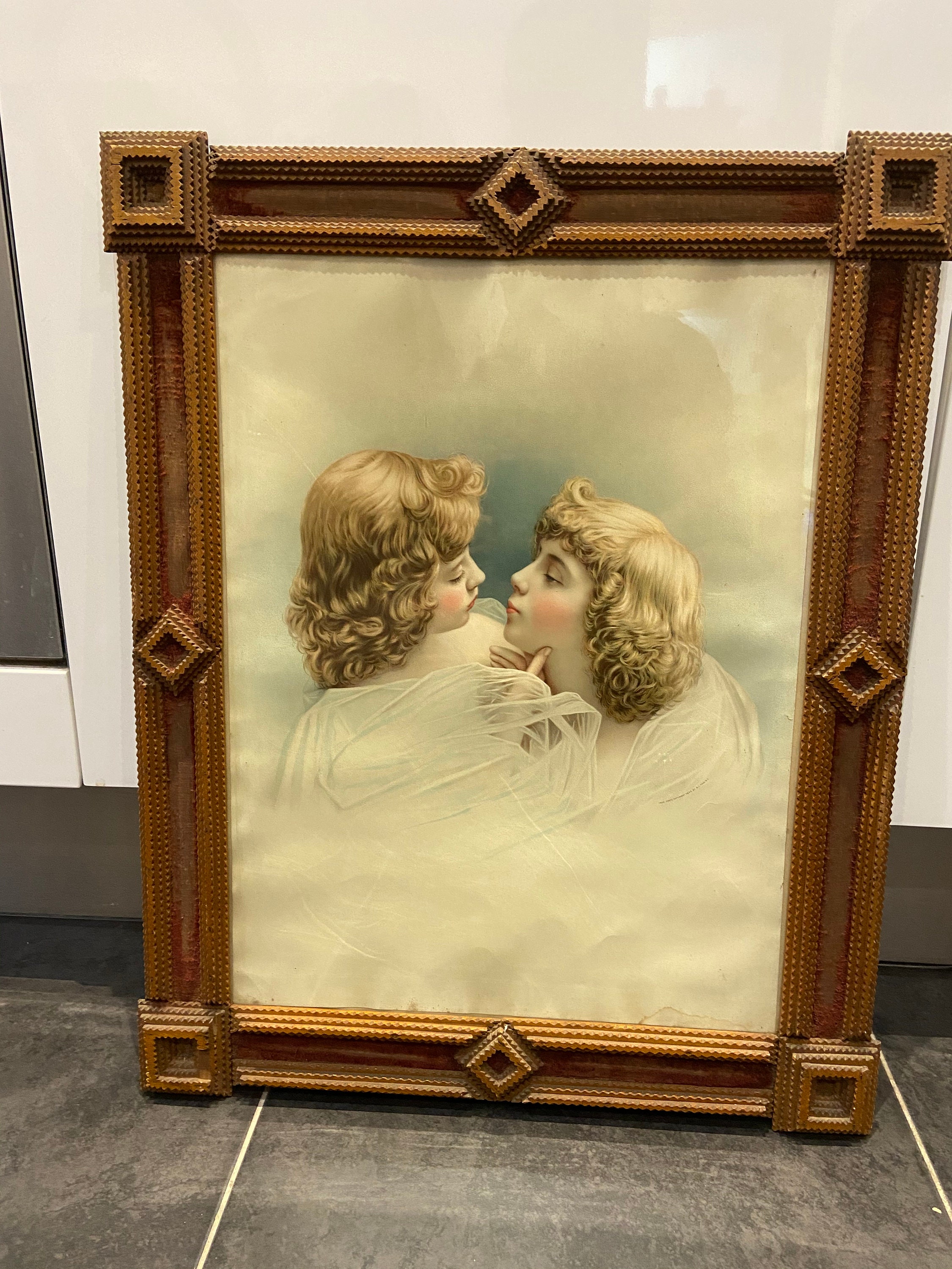 Très Grand Cadre Photo Tramp Art Nouveau 1920S Antique French Frame With B J Falk N Y