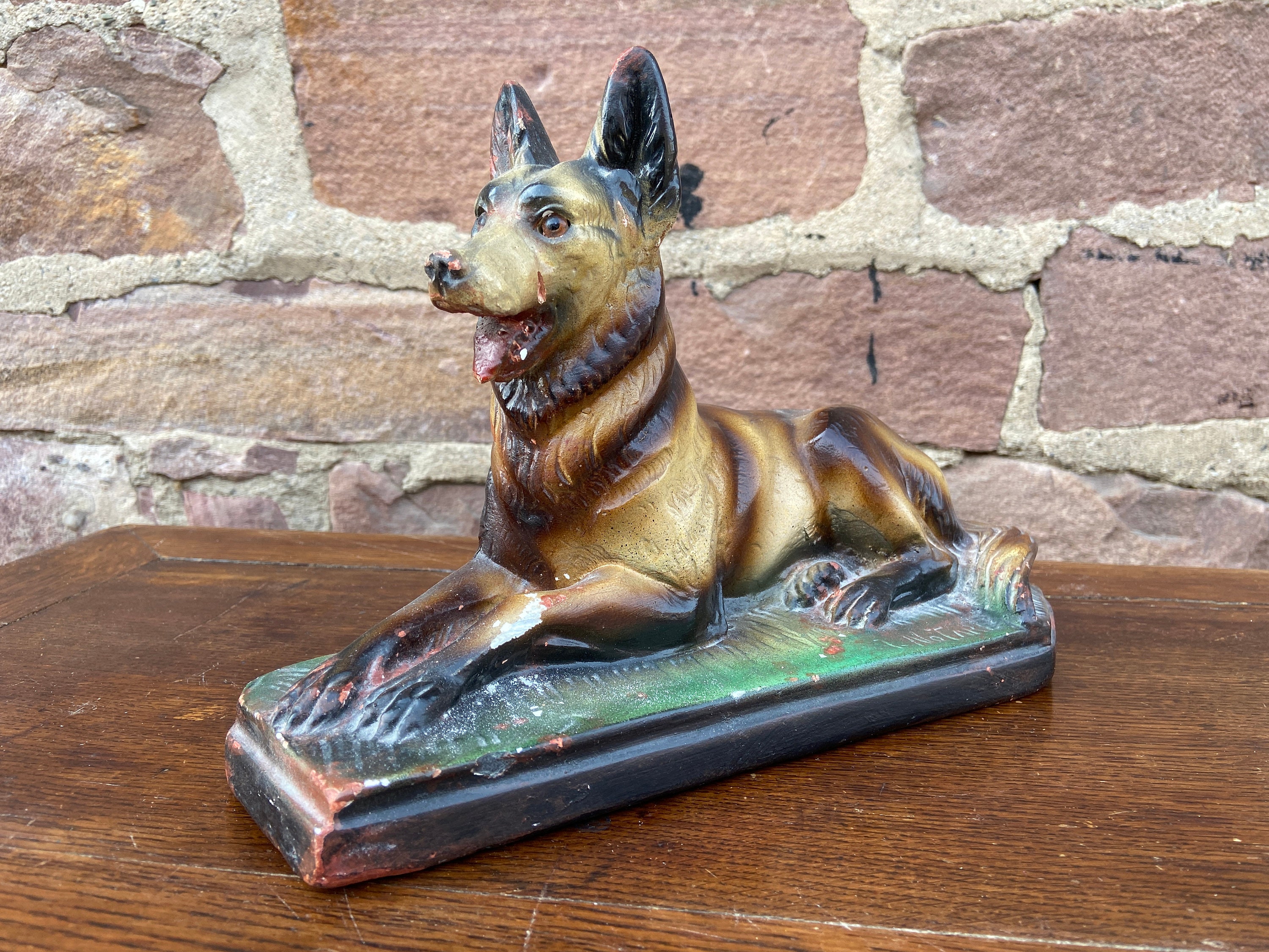 Ancien Chien en Plâtre Signé Statue 1950S French