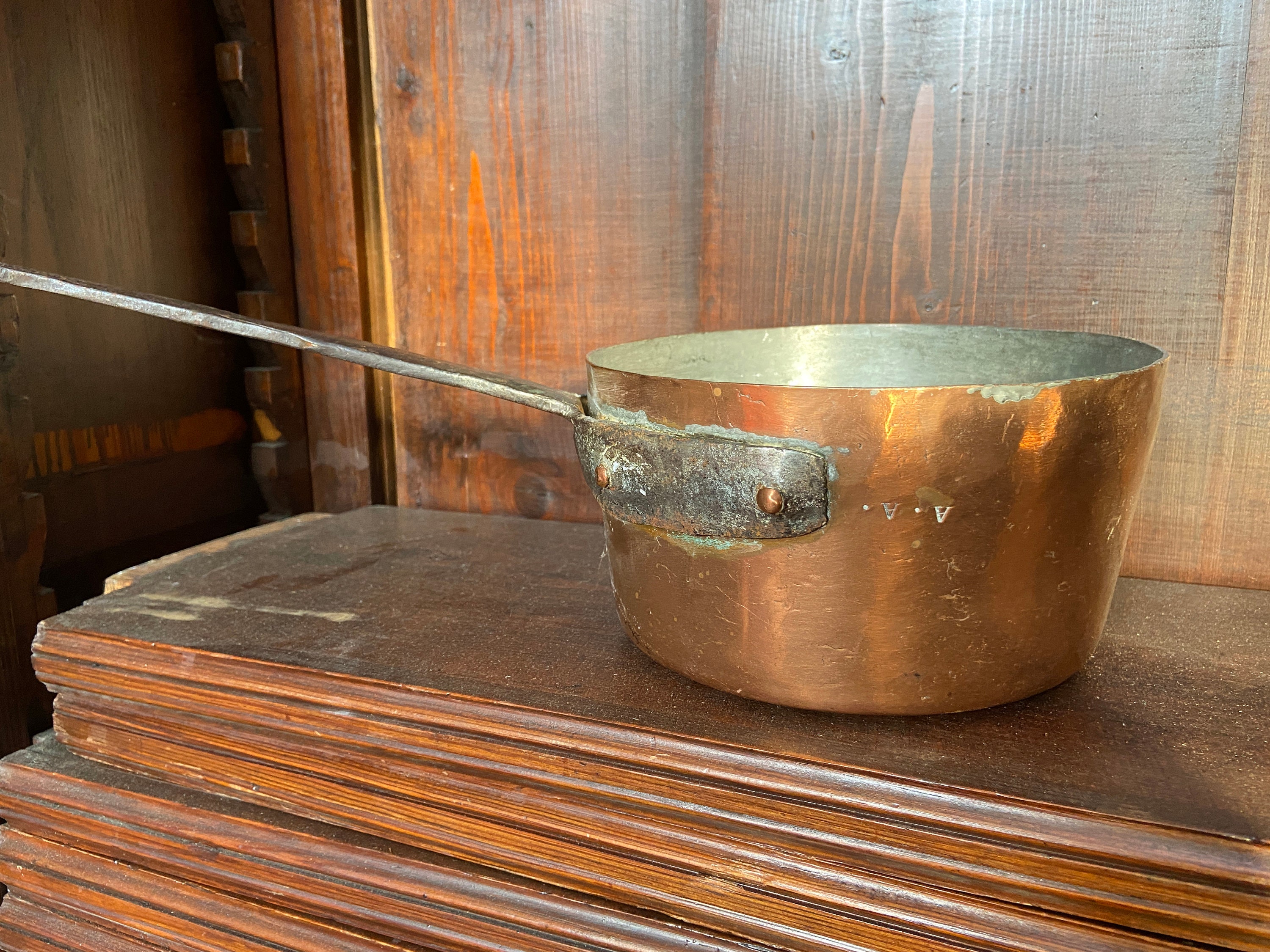 Vintage Antique French Copper Hammered Casserole Pan Heavy Quality Copper, Castle 1850