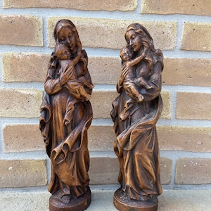 Pair of French religious statues carved character Virgin Mary Jesus in resin Wood style 1970
