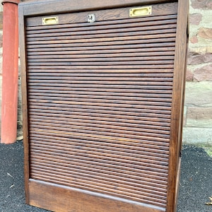 File cabinet with sliding curtain File cabinet rolladenschrank tambour cabinet France 1950 image 2