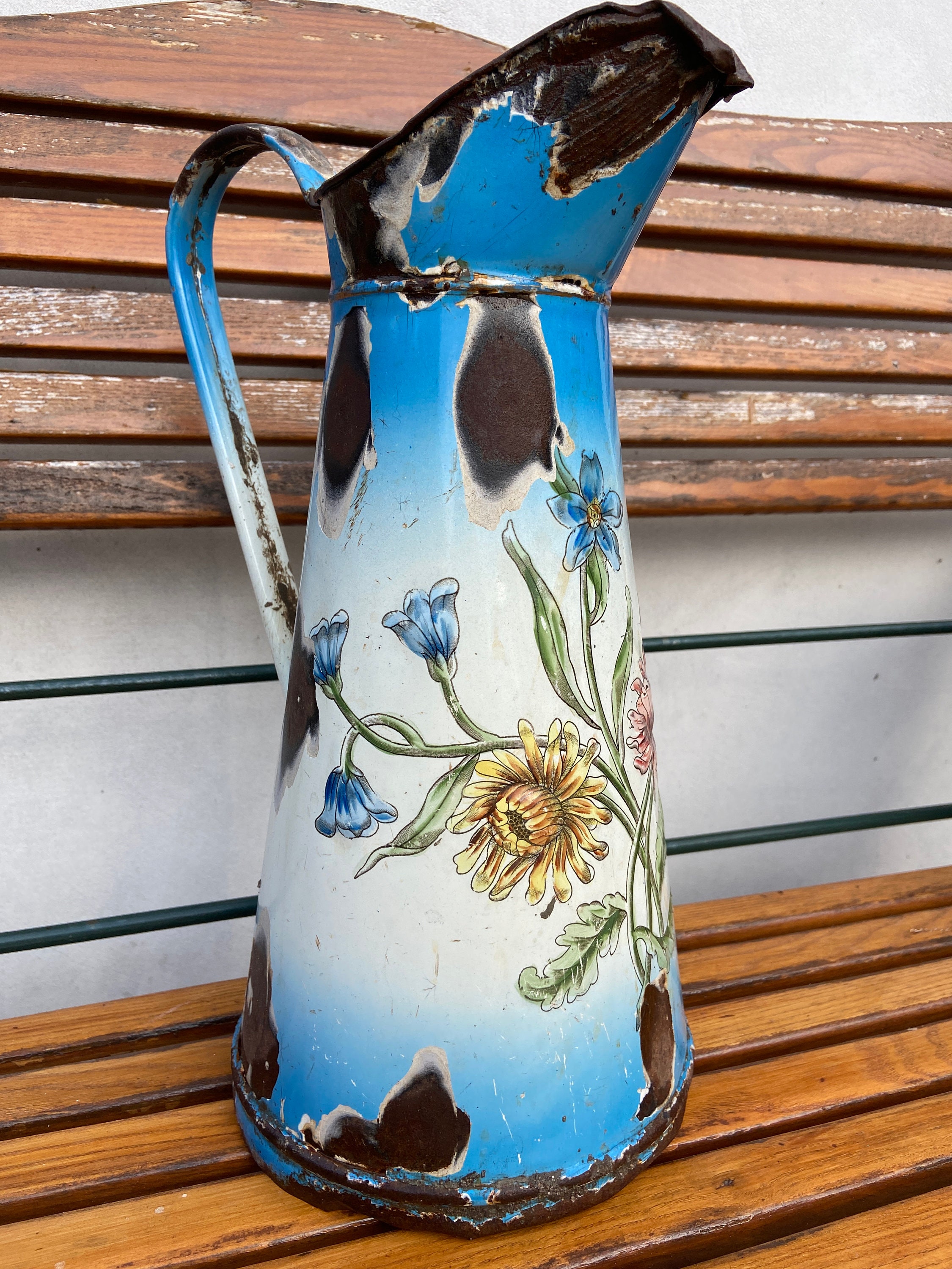 1920S French Vintage Kitchen Enamelware Antique Enamel French Water Pitcher Body