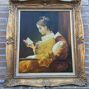 Oil painting on canvas, "The Reader" by Jean-Honoré Fragonard, French Baroque painting, framed