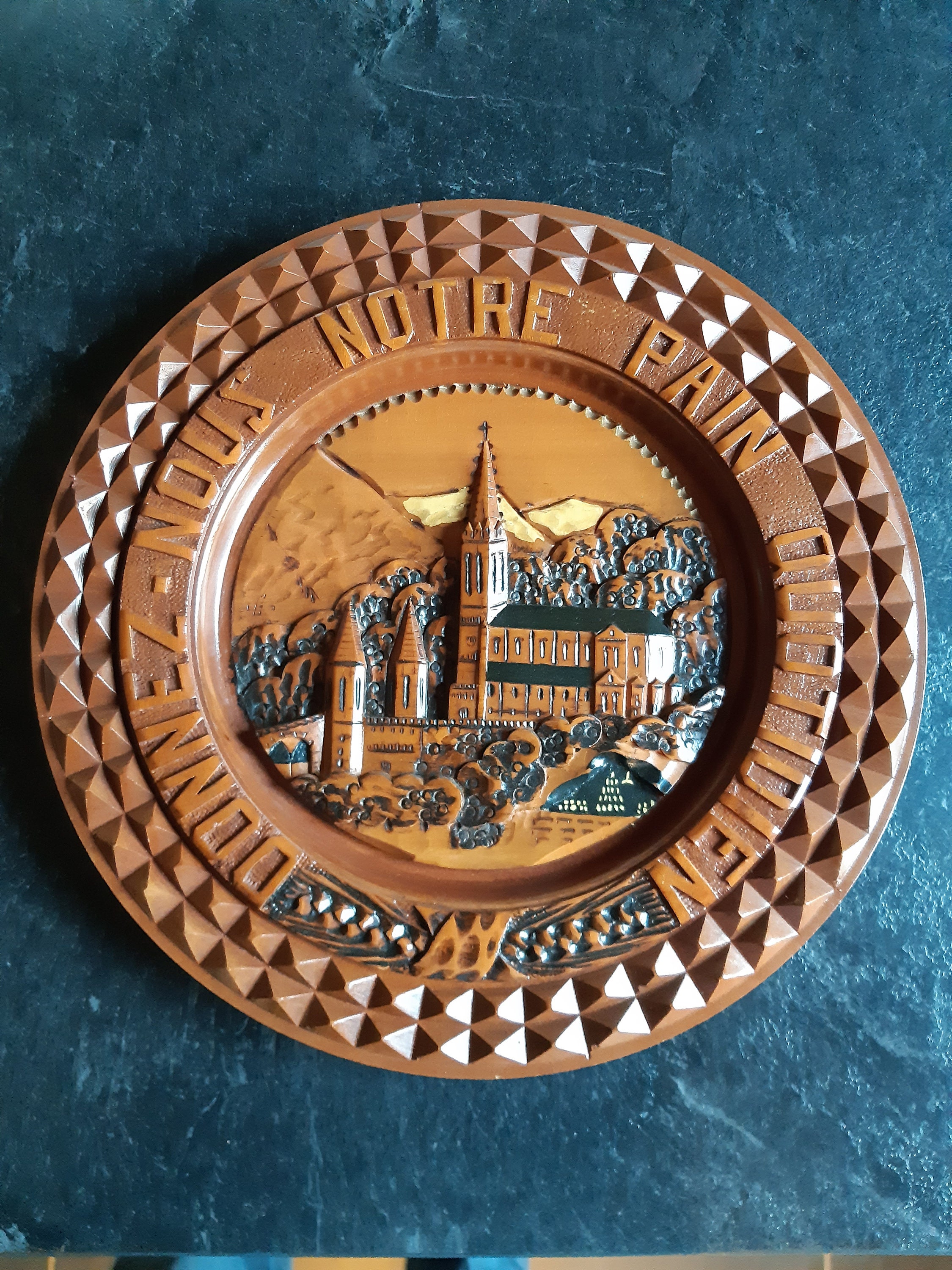 French Carved Wood Plate Religion Lourdes Donnez-Nous Notre Pain
