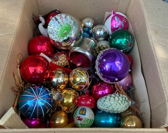 Antique Lot of Vintage french Retro Assorted Real Glass Christmas Tree balls pine cone Glass & PLASTIC  alsace Décoration Noel boules 50s