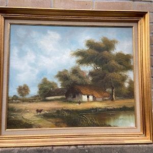 painting landscape oil on canvas E FISCHER French pastel farmhouse