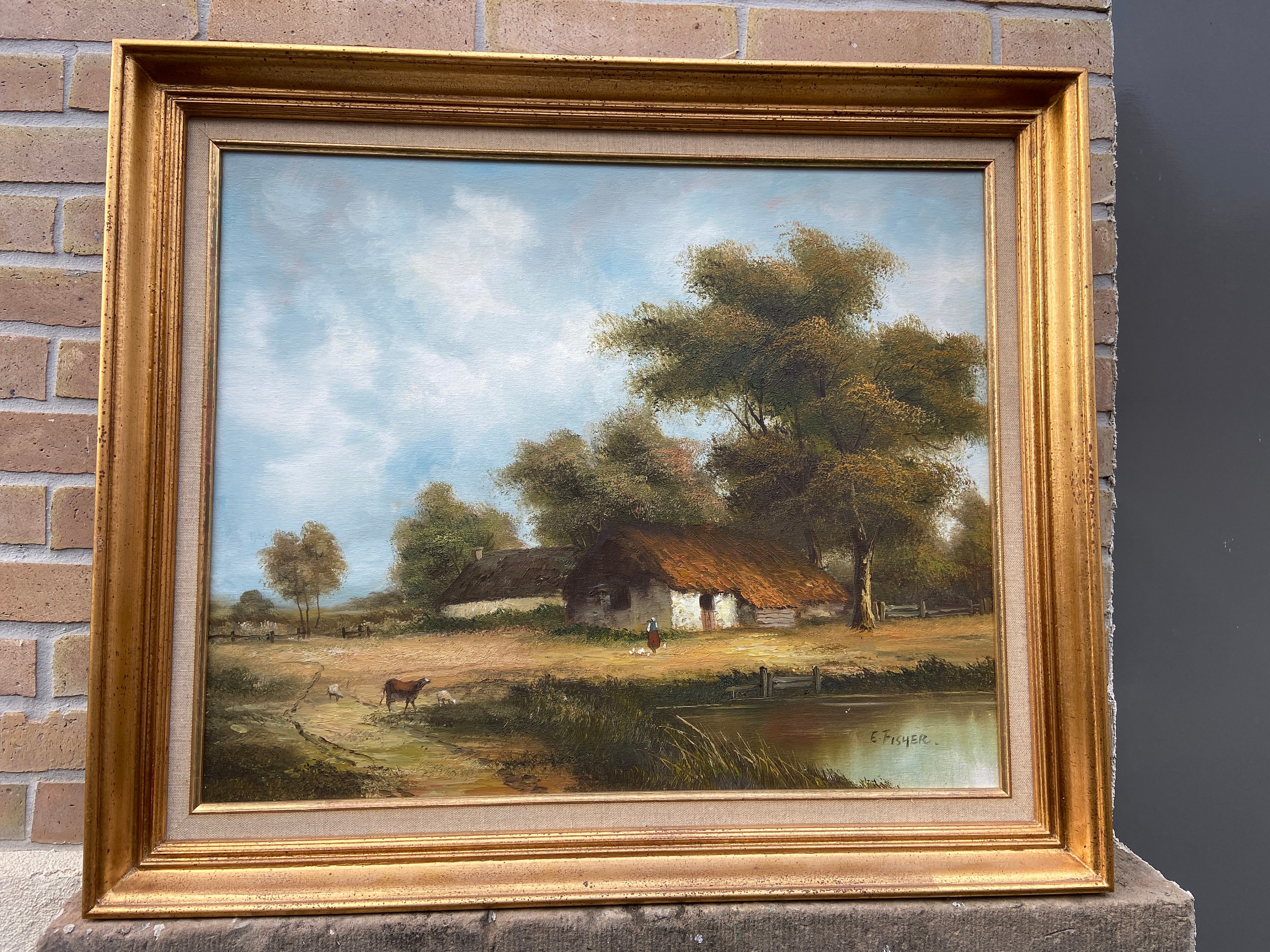 Tableau Paysage Huile sur Toile E Fischer Ferme Pastel French