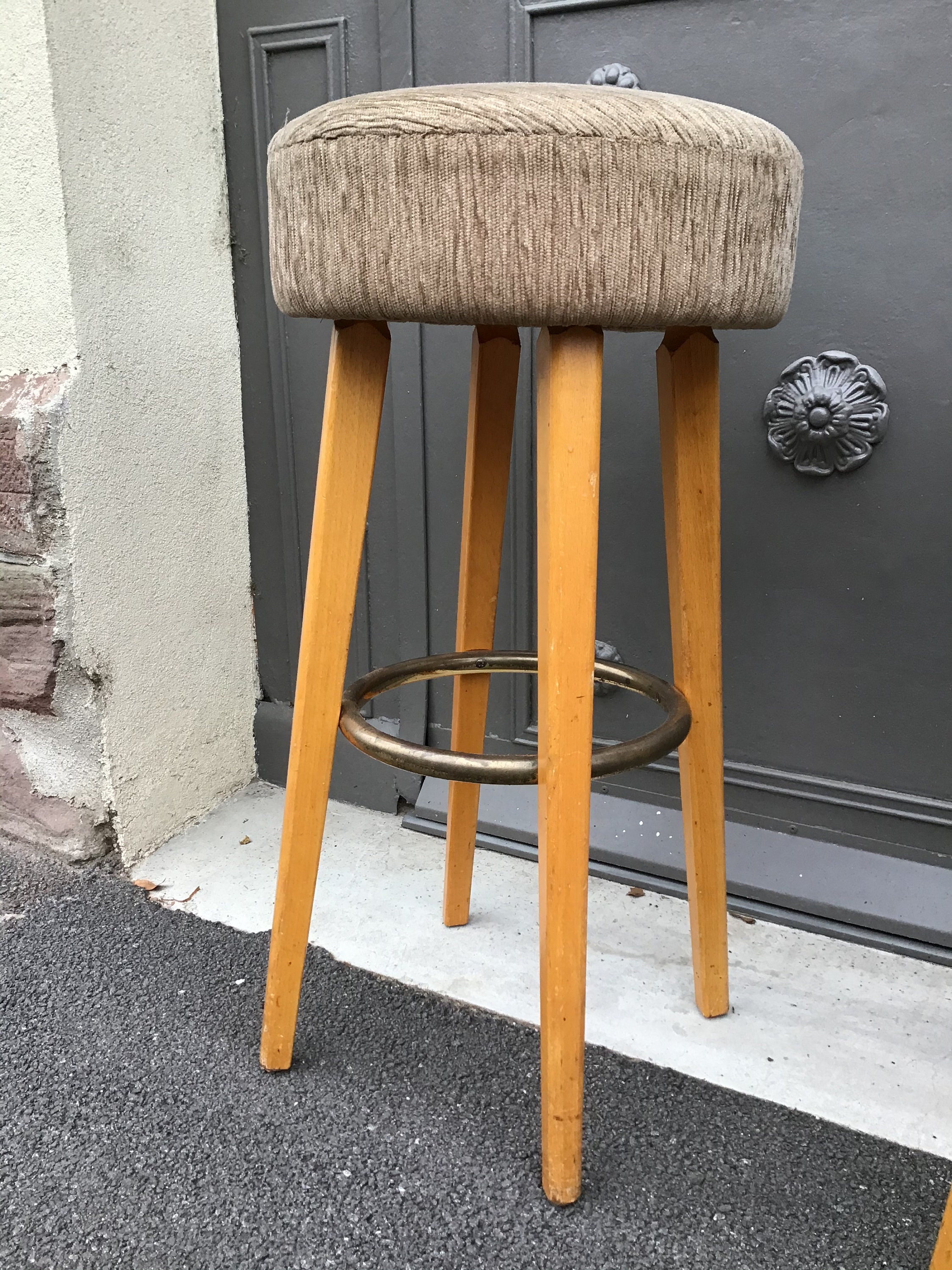 Tabouret de Bar Vintage 1960 Mid-Century Bois et Velours