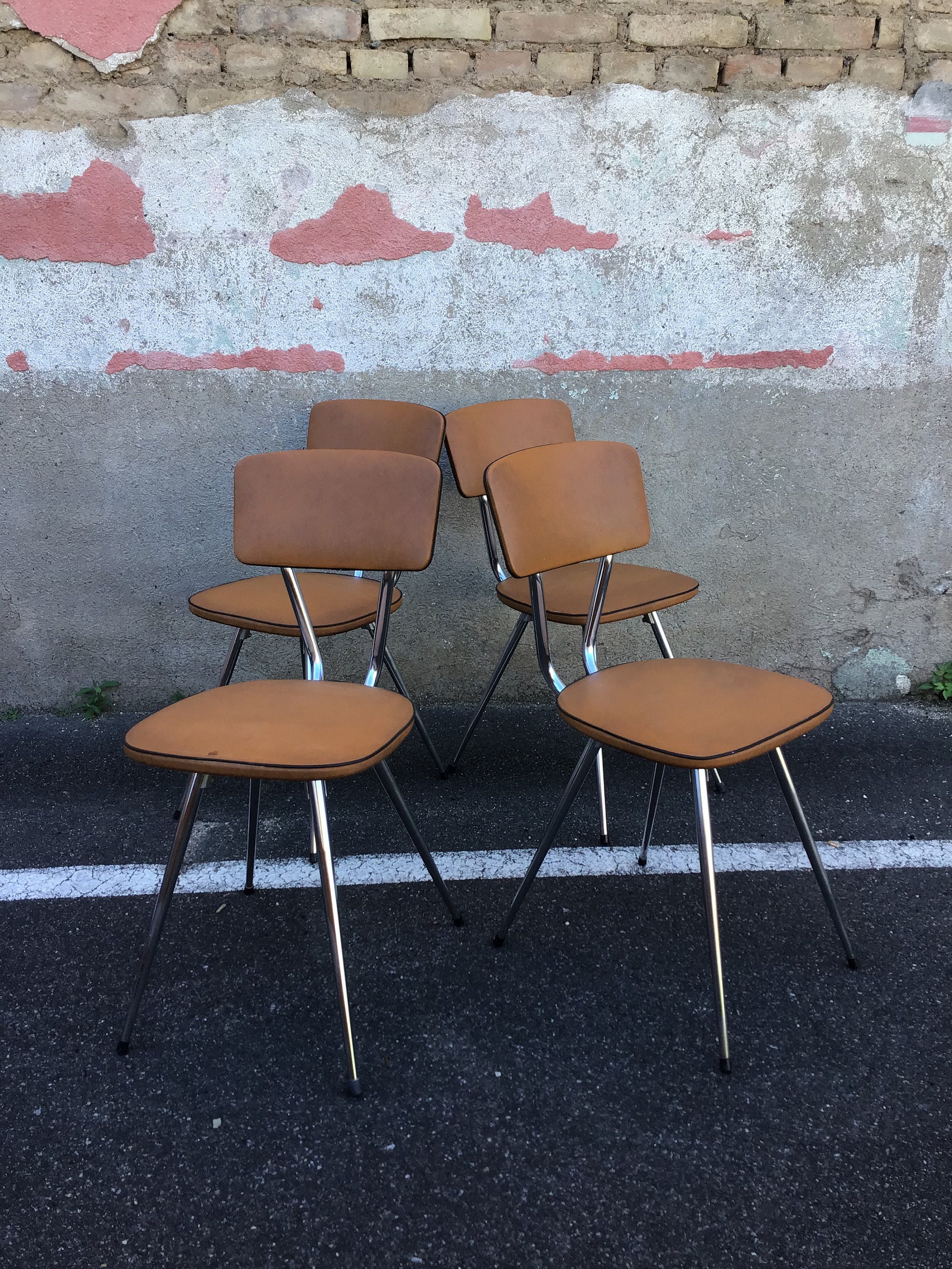 4 Chaises en Formica Pieds Compas Scandinave Vintage 1960 French Mid Century Chairs
