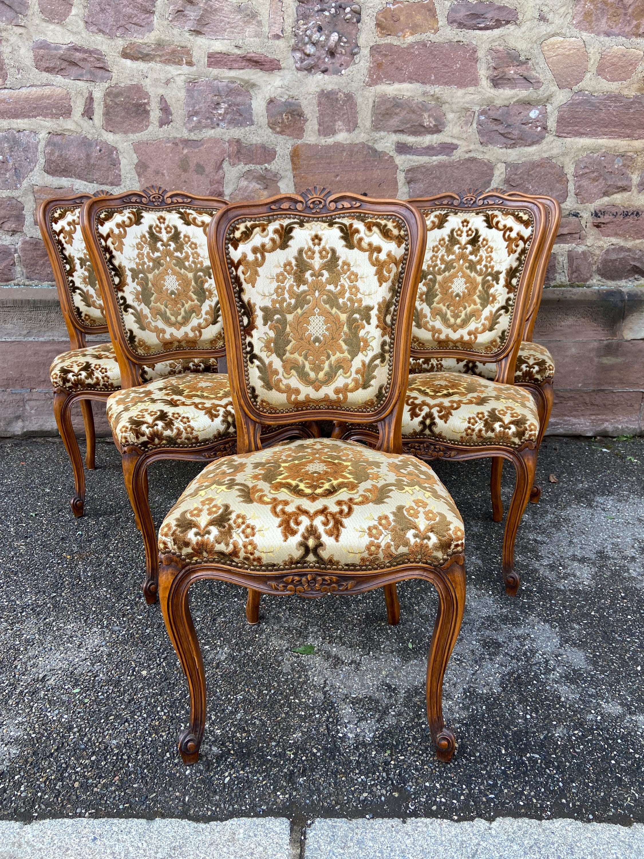 椅子 プロヴァンス Set of 6 French Louis XV Style Vintage Chairs Velvet Upholstered