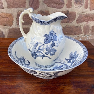 vintage French Pottery broc & bowl bathroom Hand-Painted Wash Bowl iron earth H. Boulenger et Cie Choisy-le Roy