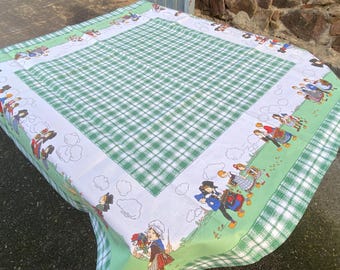 Vintage Alsatian tablecloth, cotton, Beauvillé, Alsace, Hansi, 1980s, French, tablecloth, household linen