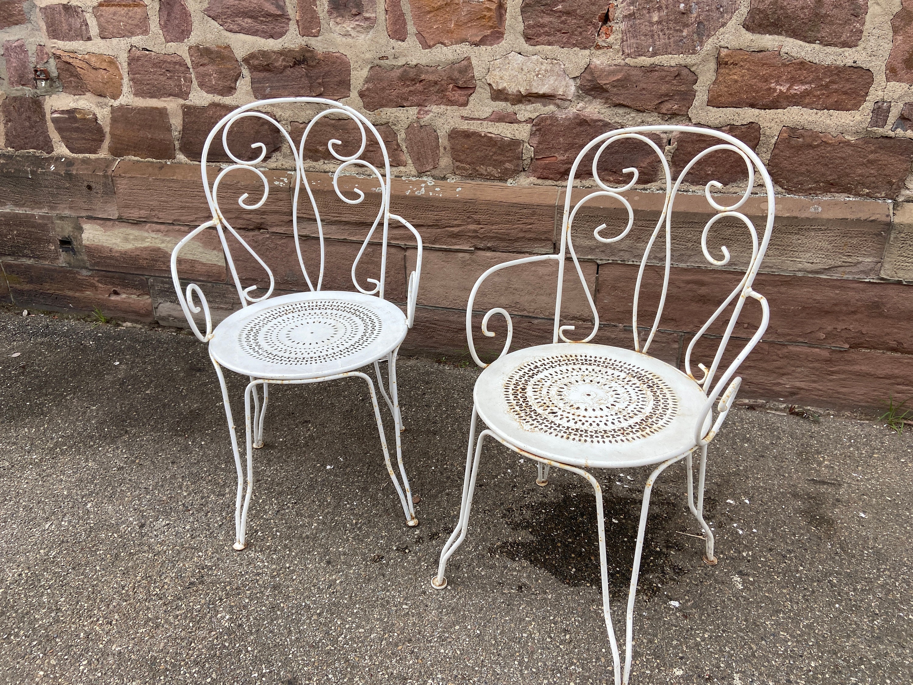 Paire de Fauteuils Chaises Jardin Fer Forgé French Iron Armchairs 1960