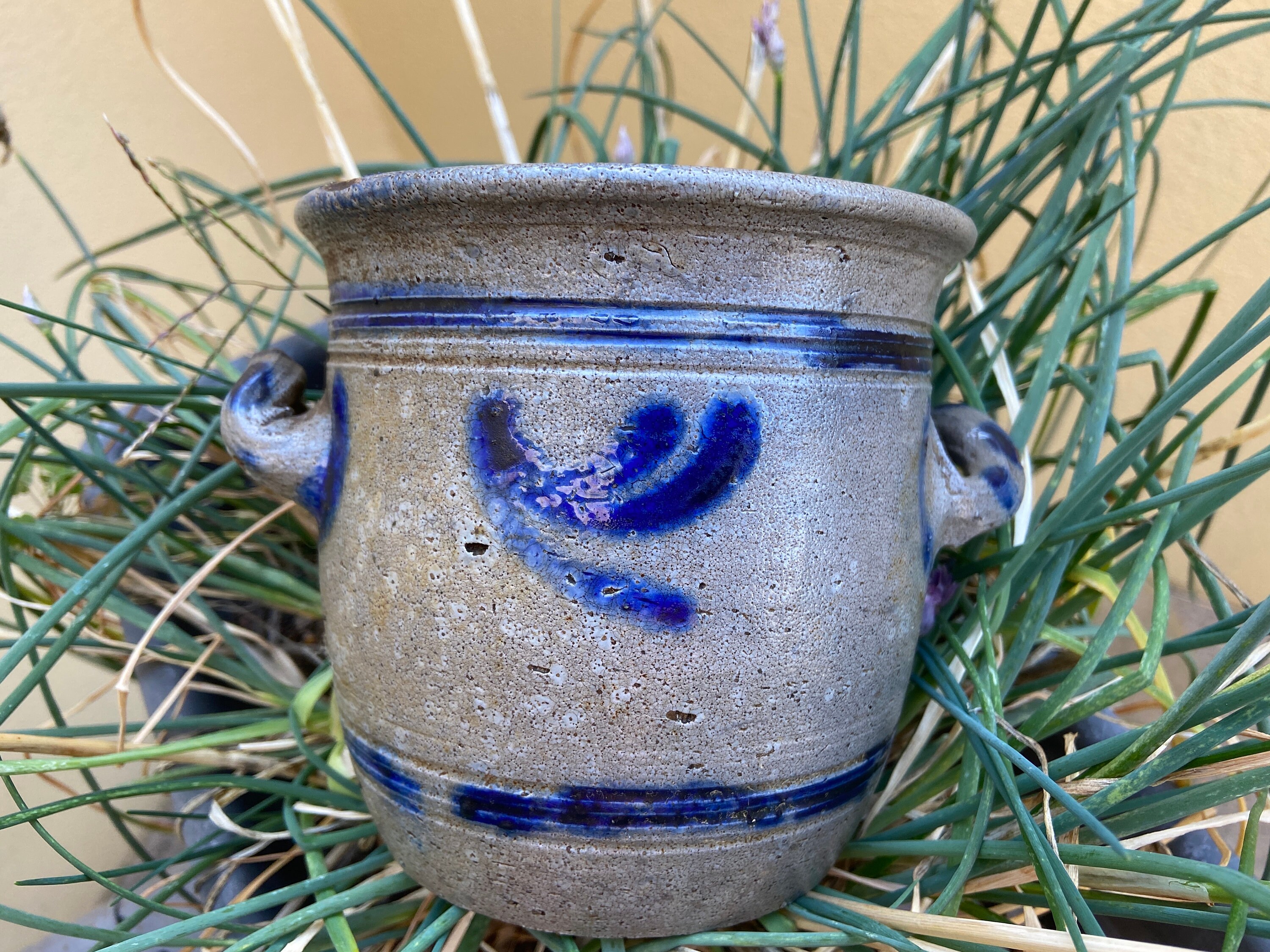 Antique French Betschdorf Alsace Salt Blue Stoneware Confit Pot Small Size Farmhouse Jar - Antique P