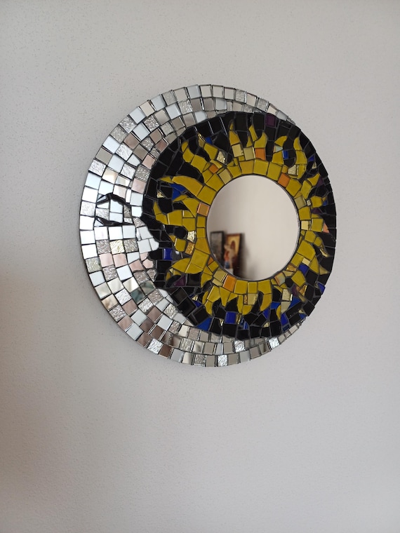 Sun & Moon Mosaic Mirror Handmade, Yellow Glass Wall Mirror, Celestial Home Decor, Round Mirror, Sunburst Mirror Art Boho Mirror, Gift