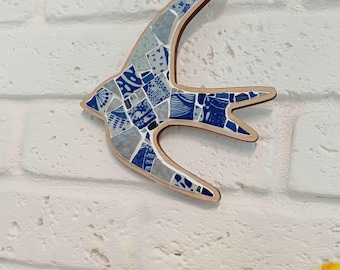 Blue Mosaic Swallow Wall Decor | Handmade Bird Ornament | Stained Glass & Ceramic Wall Art | Coastal Cottage Decor | Bird Lover Gift