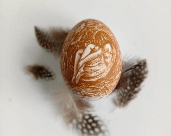 May include: A brown egg with a white design, surrounded by speckled feathers. The egg has a textured surface and a detailed, artistic pattern. The feathers are a mix of brown and white, adding a natural touch.