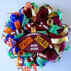House Divided Wreath, Football Wreath, Collegiate Decor, Gators, Noles, Dual Team Wreath, Sports Door Hanger, Sports Theme Wreath, Dorm