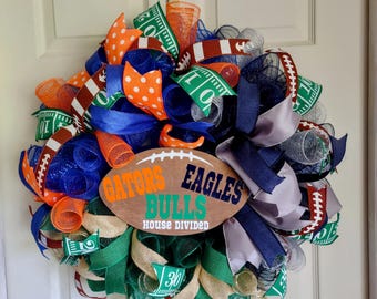 House Divided Wreath, Football Wreath, Collegiate Decor, Custom Teams, Triple Team Wreath, Sports Door Hanger, Sports Theme Wreath, Dorm.