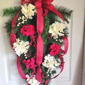 Geranium Swag, Christmas Teardrop, Double Door Wreath, Matching Teardrop Swag, Red and Cream Decor, Winter Wreath, Geraniums