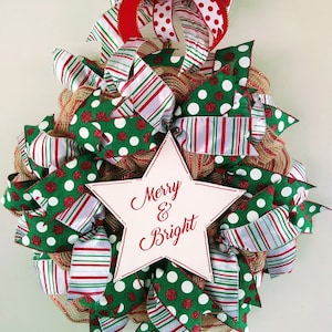 Merry and Bright, Storm Door Wreath, Star Door Hanger, Christmas Door Wreath, Small Space Wreath, Pancake Wreath