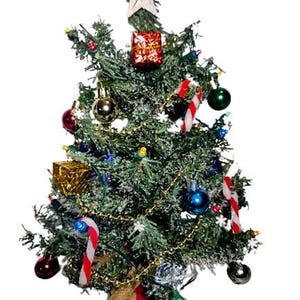 May include: A small artificial Christmas tree decorated with colorful ornaments, lights, candy canes, and a star on top. The tree is in a burlap sack with red stripes.