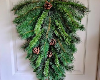 Pine Teardrop Swag 30", Pine Wreath Base with Pine Cones, Artificial Pine