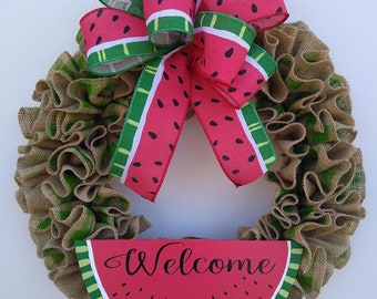 Watermelon Wreath of Burlap, Welcome Wreath, Front Door Decor, Hello Summer, Every Day Wreath, Farmhouse Burlap Wreath, Country Decor