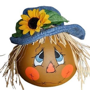 Gourd Scarecrow, Hand Painted Scarecrow, Tablescape, Buffet Designs Head Decor Handmade with Sunflower Hat – Rustic Fall & Farmhouse Autumn